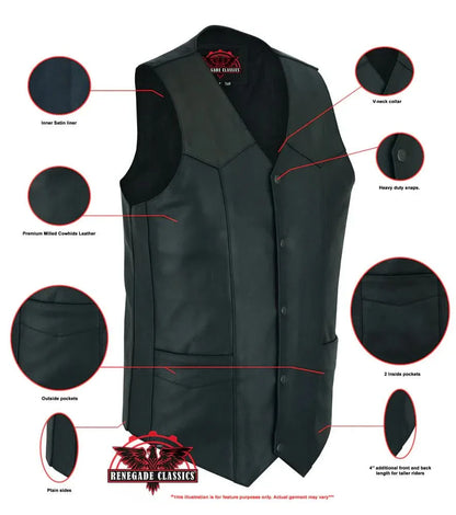 Men's Tall Classic Motorcycle Leather Vest with scaped bottom - Black