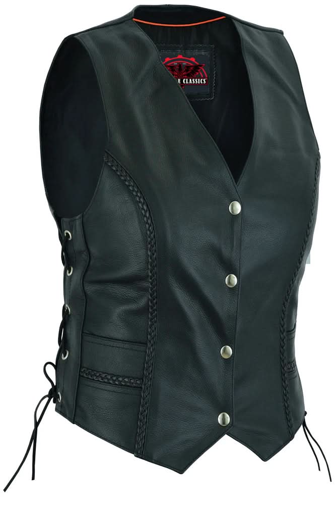 Women's Leather Western Vest with Braided Accent and Laced Sides
