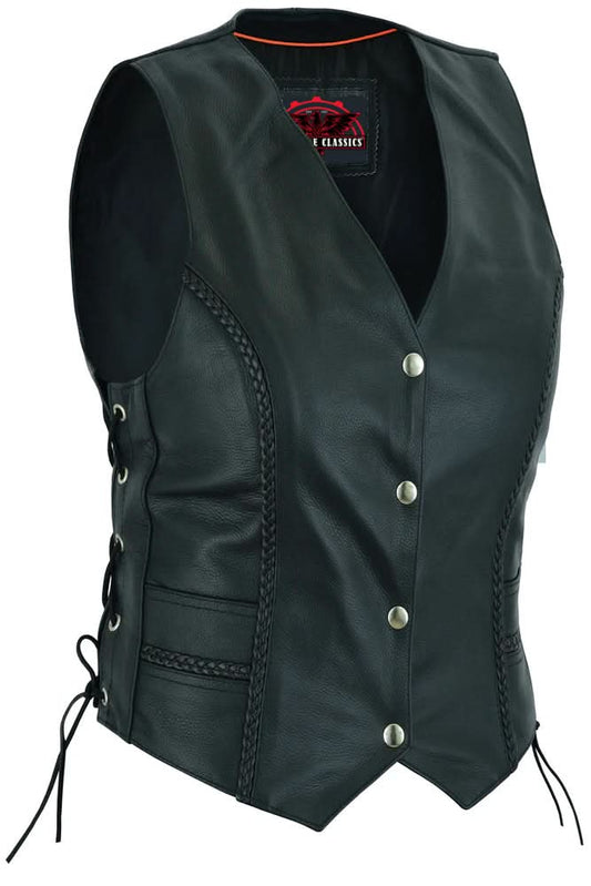 Women's Leather Western Vest with Braided Accent and Laced Sides