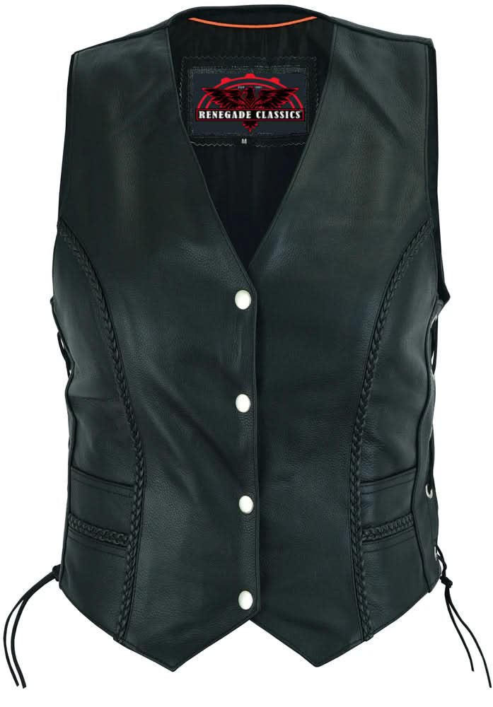 Women's Leather Western Vest with Braided Accent and Laced Sides