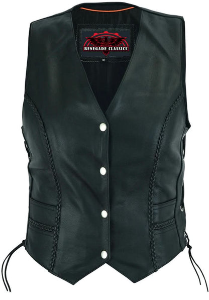 Women's Leather Western Vest with Braided Accent and Laced Sides