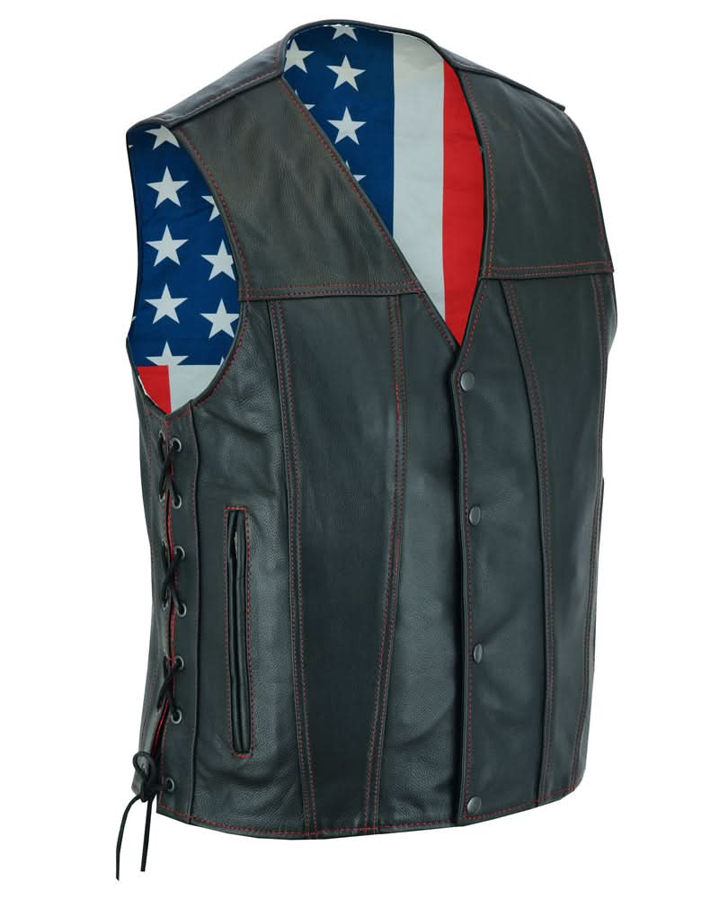 Men's Western Style "Honor Ride" Black Leather Motorcycle with Vest Red Stitching