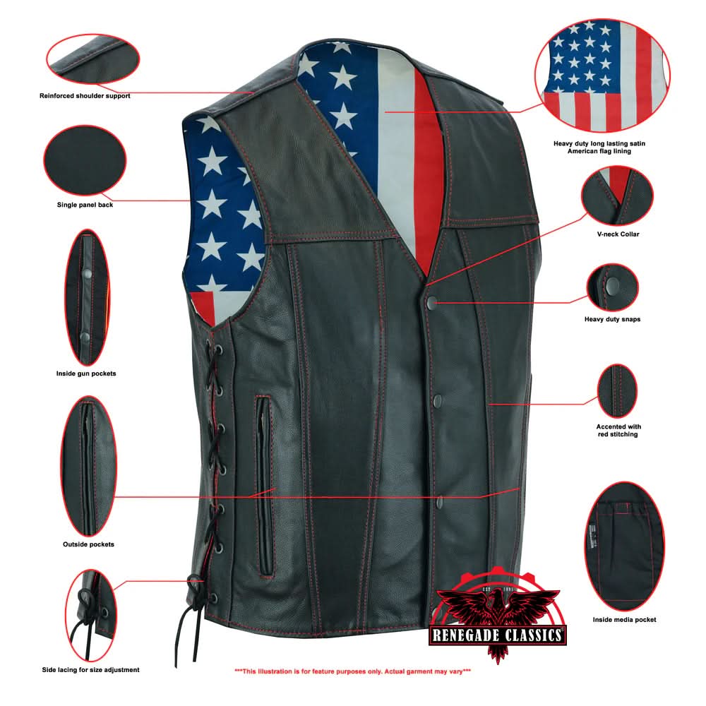 Men's Western Style "Honor Ride" Black Leather Motorcycle with Vest Red Stitching
