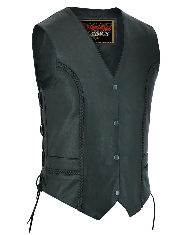 Women's leather laced and braided motorcycle vest