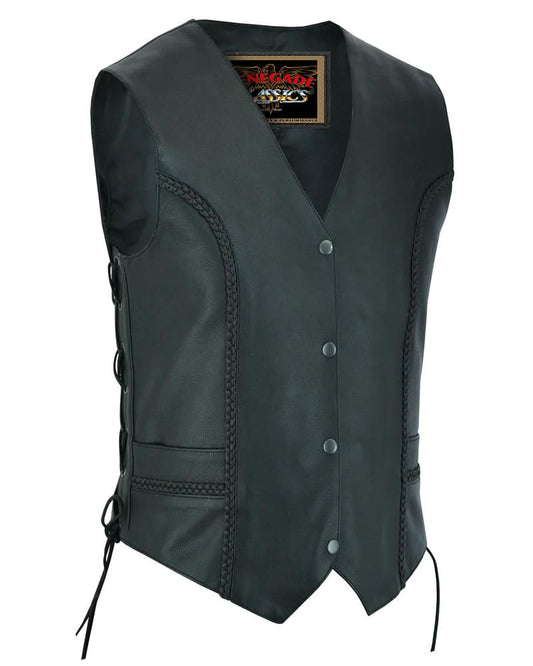 Women's leather laced and braided motorcycle vest