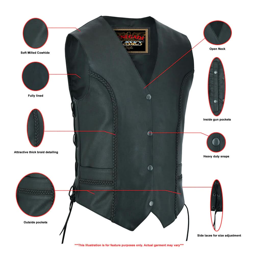 Women's leather laced and braided motorcycle vest