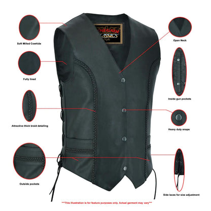 Women's leather laced and braided motorcycle vest