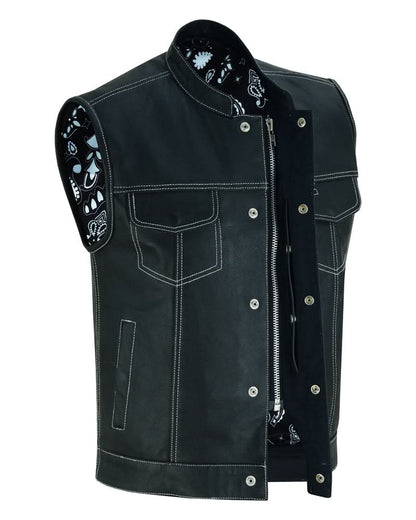 Men's Club Style Black Leather Motorcycle Vest with White Stitching and Paisley lining