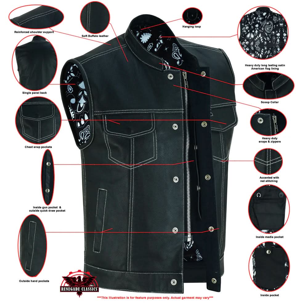 Men's Club Style Black Leather Motorcycle Vest with White Stitching and Paisley lining