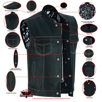 Men's Club Style Black Leather Motorcycle Vest with White Stitching and Paisley lining