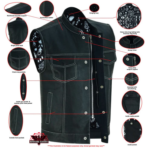 Men's Club Style Black Leather Motorcycle Vest with White Stitching and Paisley lining