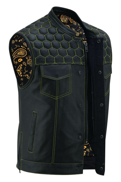 Men's Club Style "Gold Rush" Black Leather Vest - Yellow Stitching