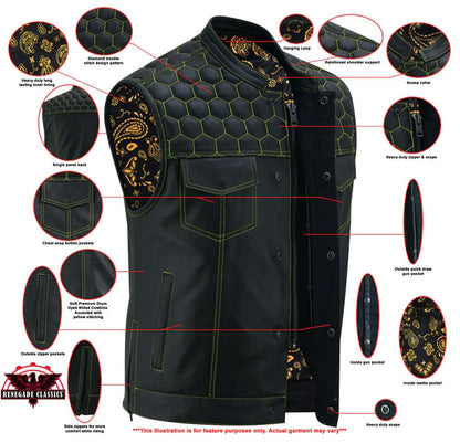 Men's Club Style "Gold Rush" Black Leather Vest - Yellow Stitching