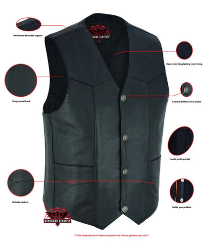 Men's classic Western Style leather vest, Single Back Panel