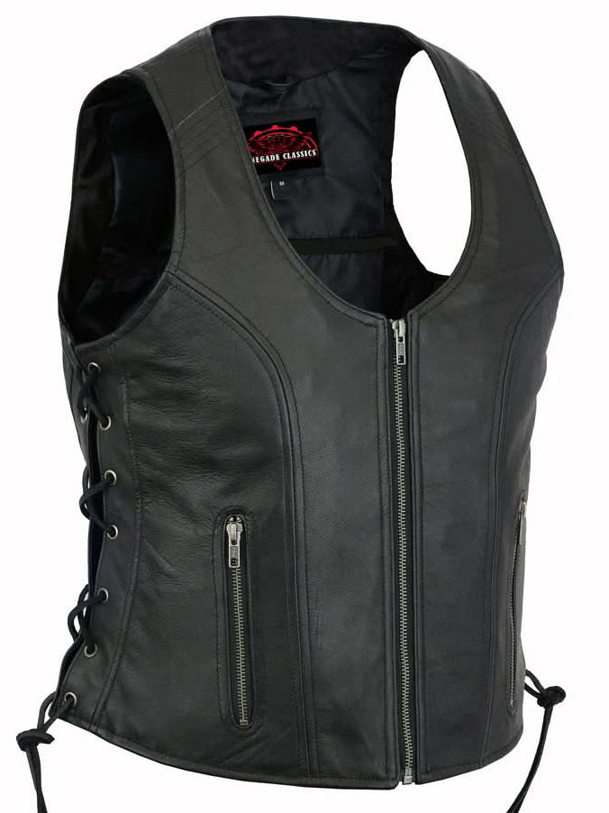 Women's Stylish Leather Open Neck Vest with Side Lace and Zipper