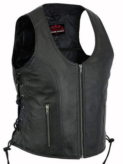 Women's Stylish Leather Open Neck Vest with Side Lace and Zipper
