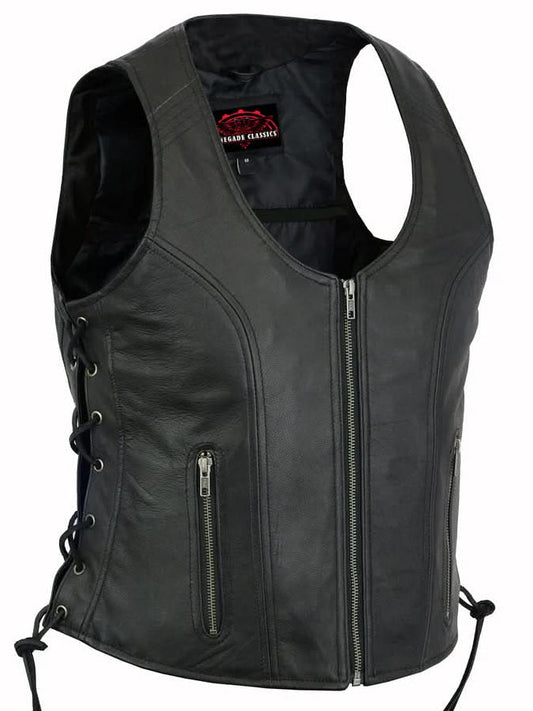Women's Stylish Leather Open Neck Vest with Side Lace and Zipper