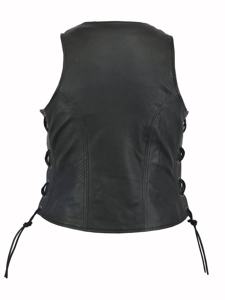 Women's Stylish Leather Open Neck Vest with Side Lace and Zipper