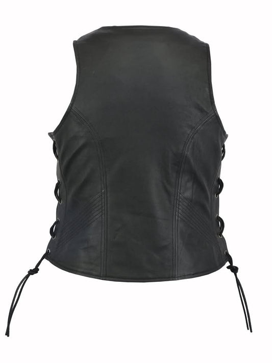 Women's Stylish Leather Open Neck Vest with Side Lace and Zipper