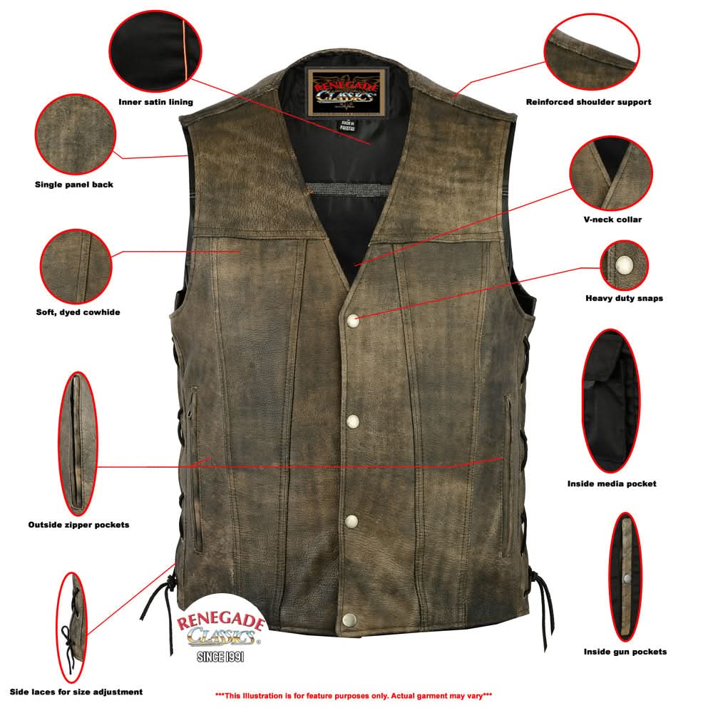 Men's Antique Brown Western Style Leather Motorcycle Vest