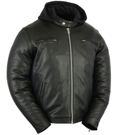 Men's Black Sporty Cruiser Leather Jacket with removable hood