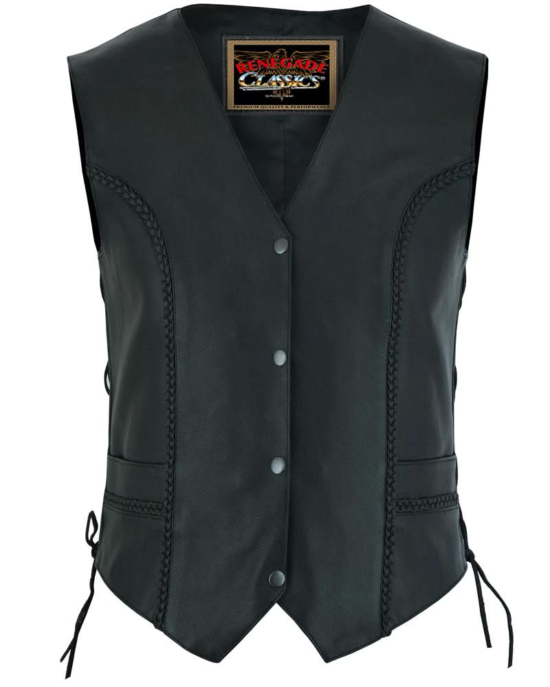 Women's leather laced and braided motorcycle vest