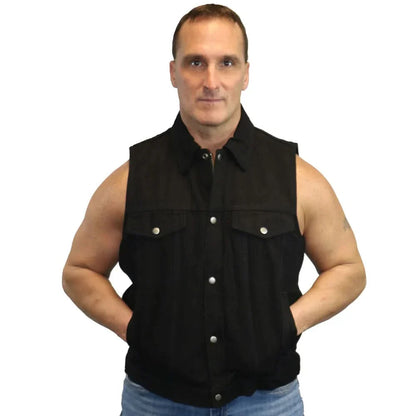 Men's Snap and Zipper Front Black Denim Motorcycle Vest