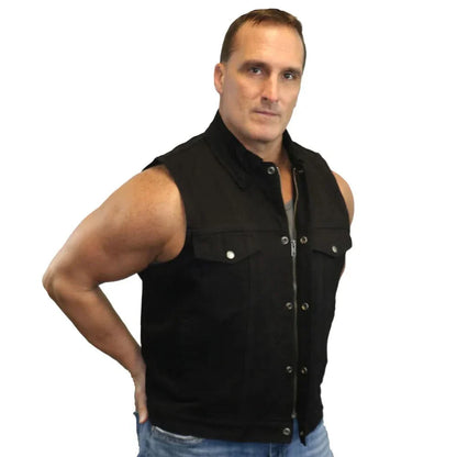 Men's Snap and Zipper Front Black Denim Motorcycle Vest