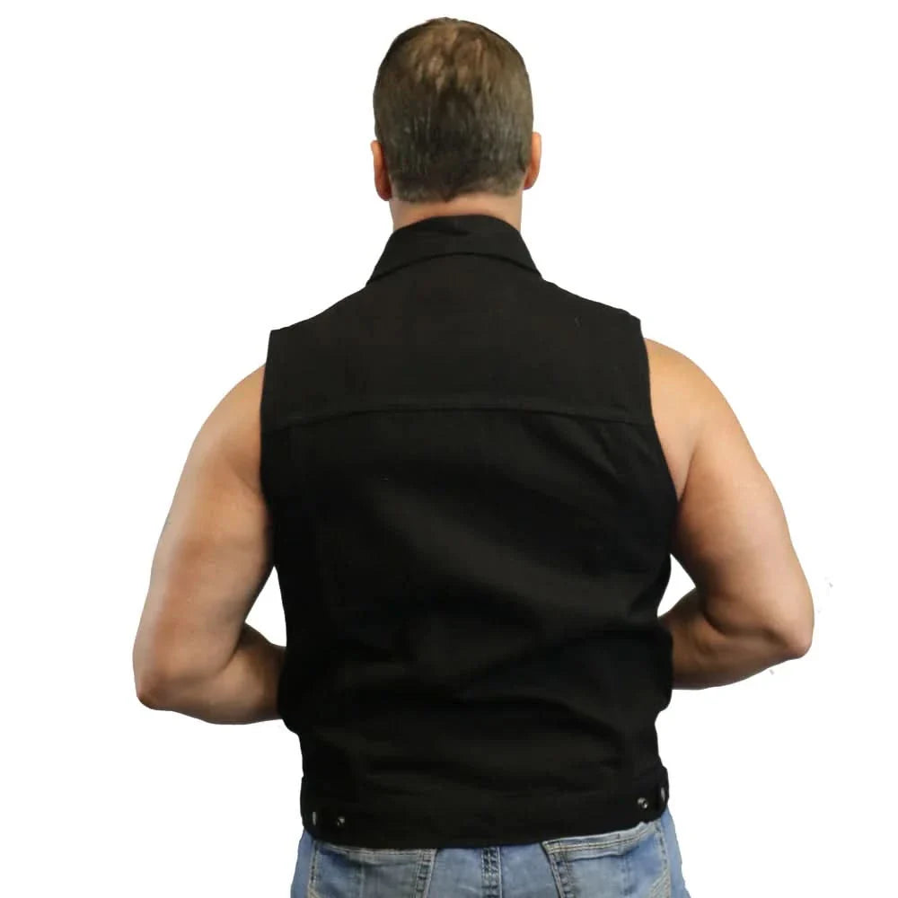 Men's Snap and Zipper Front Black Denim Motorcycle Vest