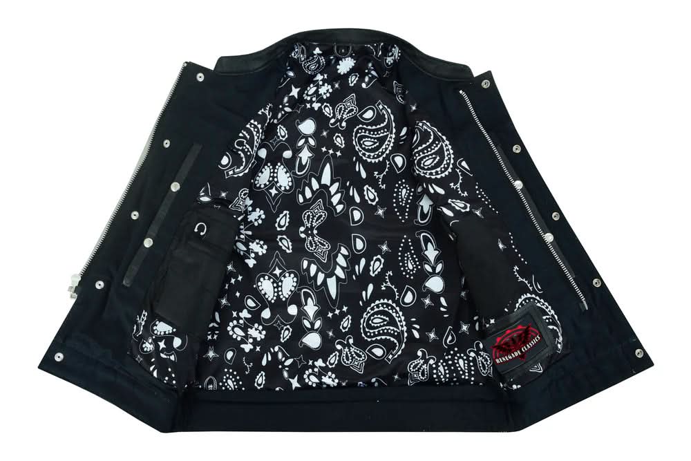 Men's Club Style Black Leather Motorcycle Vest with White Stitching and Paisley lining