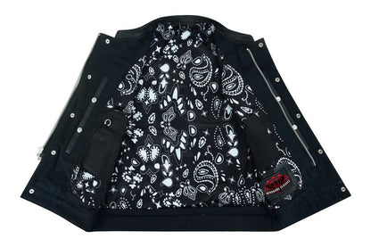 Men's Club Style Black Leather Motorcycle Vest with White Stitching and Paisley lining