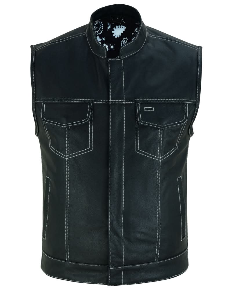 Men's Club Style Black Leather Motorcycle Vest with White Stitching and Paisley lining