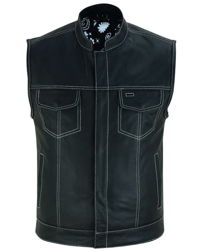 Men's Club Style Black Leather Motorcycle Vest with White Stitching and Paisley lining
