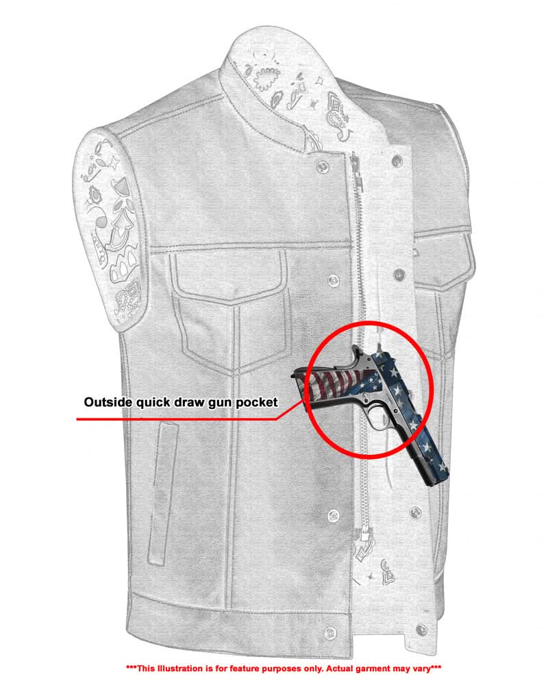 Men's Club Style Black Leather Motorcycle Vest with White Stitching and Paisley lining