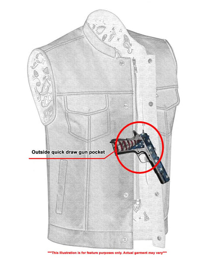 Men's Club Style Black Leather Motorcycle Vest with White Stitching and Paisley lining