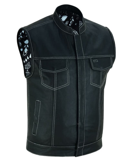 Men's Club Style Black Leather Motorcycle Vest with White Stitching and Paisley lining