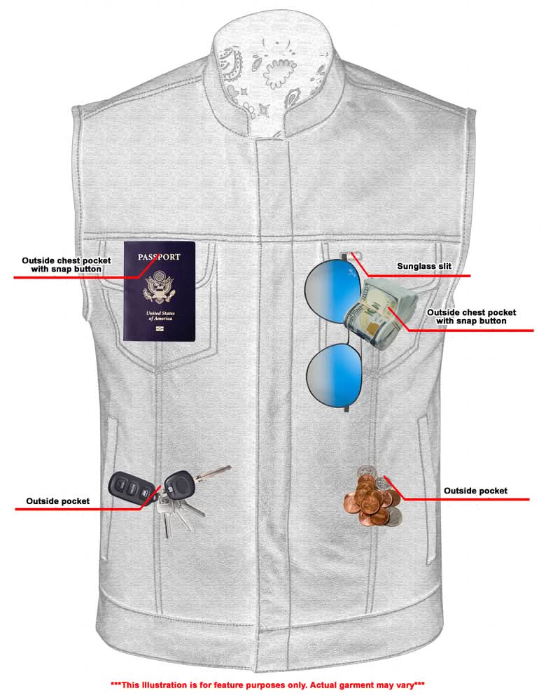 Men's Club Style Black Leather Motorcycle Vest with White Stitching and Paisley lining