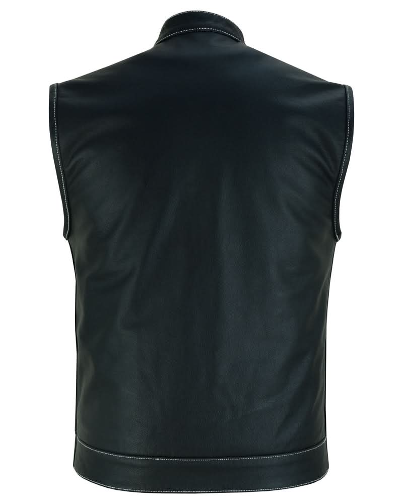 Men's Club Style Black Leather Motorcycle Vest with White Stitching and Paisley lining