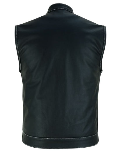Men's Club Style Black Leather Motorcycle Vest with White Stitching and Paisley lining