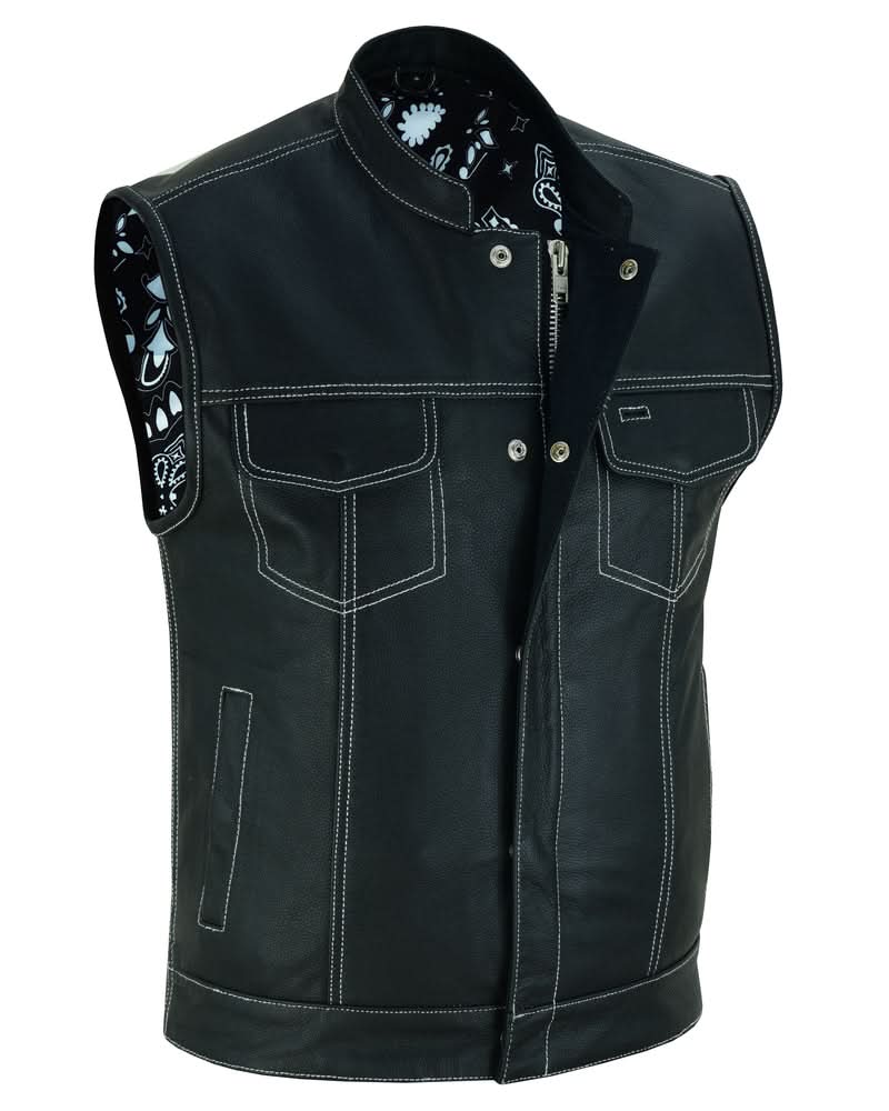 Men's Club Style Black Leather Motorcycle Vest with White Stitching and Paisley lining