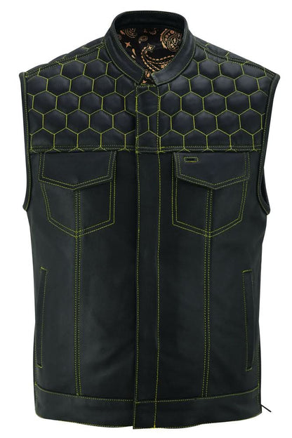 Men's Club Style "Gold Rush" Black Leather Vest - Yellow Stitching
