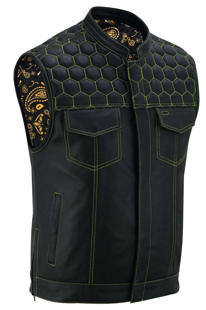Men's Club Style "Gold Rush" Black Leather Vest - Yellow Stitching