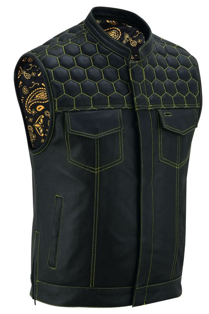 Men's Club Style "Gold Rush" Black Leather Vest - Yellow Stitching