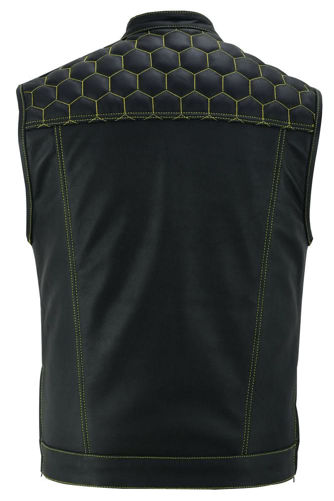 Men's Club Style "Gold Rush" Black Leather Vest - Yellow Stitching