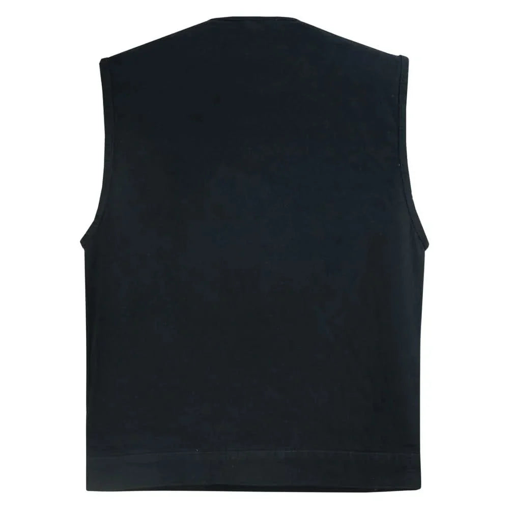 Men's Black Denim Motorcycle Club Style Vest with Concealed Snaps & Zipper