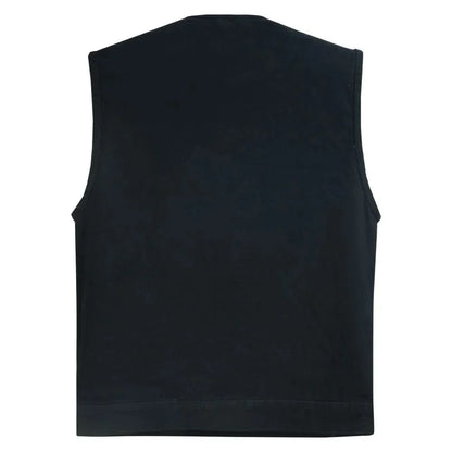 Men's Black Denim Motorcycle Club Style Vest with Concealed Snaps & Zipper