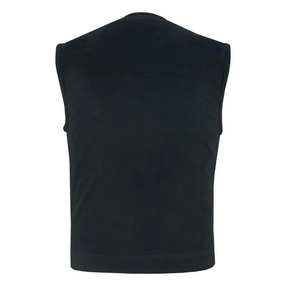 Men's Black Denim Motorcycle Club Style Vest with Concealed Snaps & Zipper