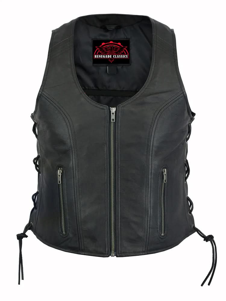 Women's Stylish Leather Open Neck Vest with Side Lace and Zipper