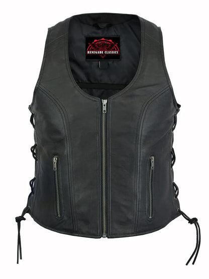 Women's Stylish Leather Open Neck Vest with Side Lace and Zipper