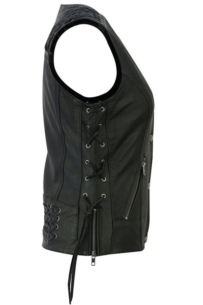 Women's Black Leather Vest with Grommet and Lacing Accents